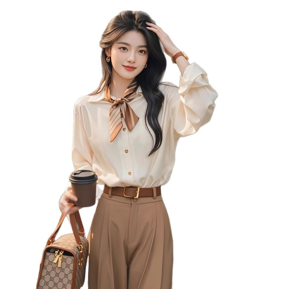 GraceChic 2025 Spring And Autumn Korean Version Ins Simple Apricot Long Sleeve Shirt Wide Leg Two-Piece Women's Professional Suit_voghion.com