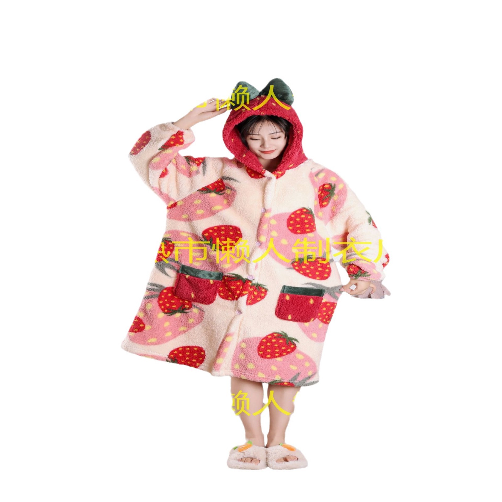 2023 nuevo coral vellón popular dulce fresa engrosada traje desgaste del hogar ventas directas de la fábrica una pieza