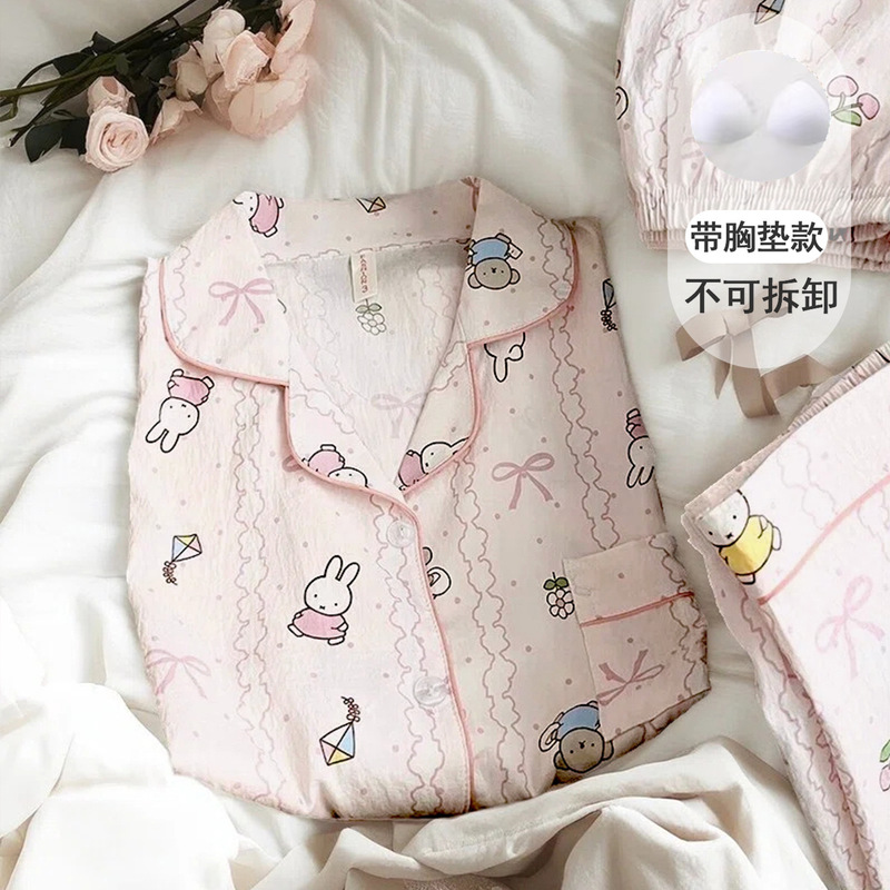 Cute Miffy Rabbit Pajamas with Chest Pads for Women, Spring and Summer Cloud Pattern Pure Cotton Gauze Short Sleeve Loose Three-Piece Home Wear Set