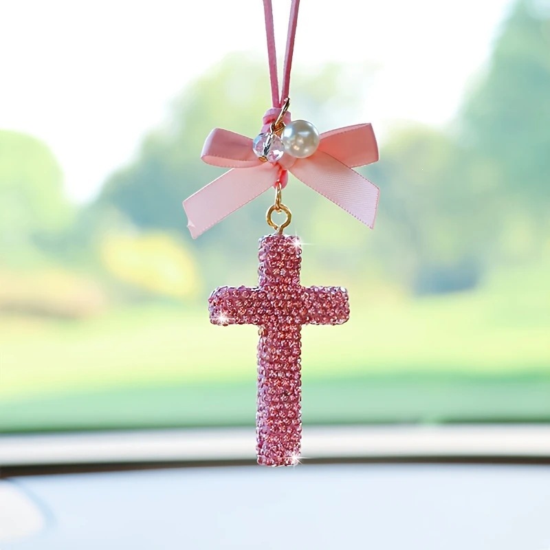 Cross-Border Personalized Car Interior Pendant Rearview Mirror Ornament with Diamond-Encrusted Cross, High-End Car Fashion Accessory Gift