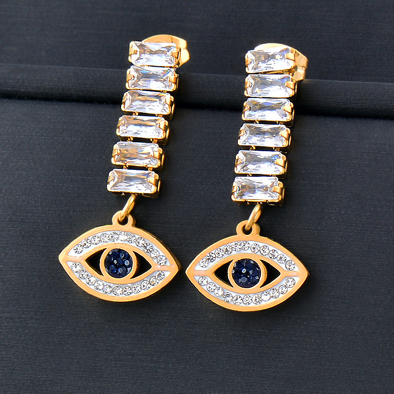 Fashion Devil's Eye Titanium Steel Inlay Inlaid Gold Zircon Drop Earrings 1 Pair display picture 2