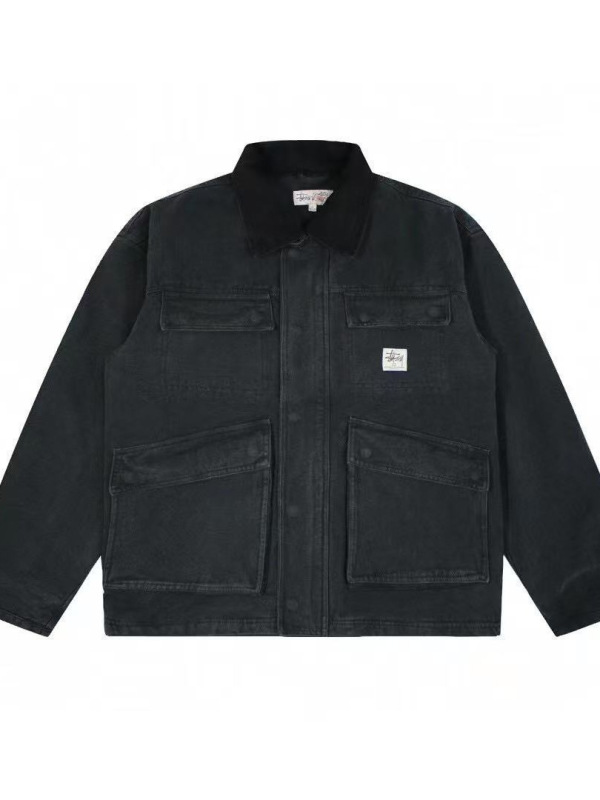 跨境高品质斯图西Stussy经典宽松复古翻领休闲重工工装水洗棉服夹|undefined