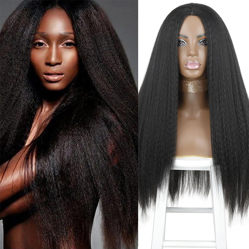 Peluca transfronteriza de moda europea y americana de las mujeres de fibra química sombrero negro de longitud media pelo liso yaki fabricante en stock