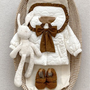 Winter baby cotton-padded coat Western style baby girl thickened cotton-padded coat lapel bow quilted warm girls' cotton-padded jacket