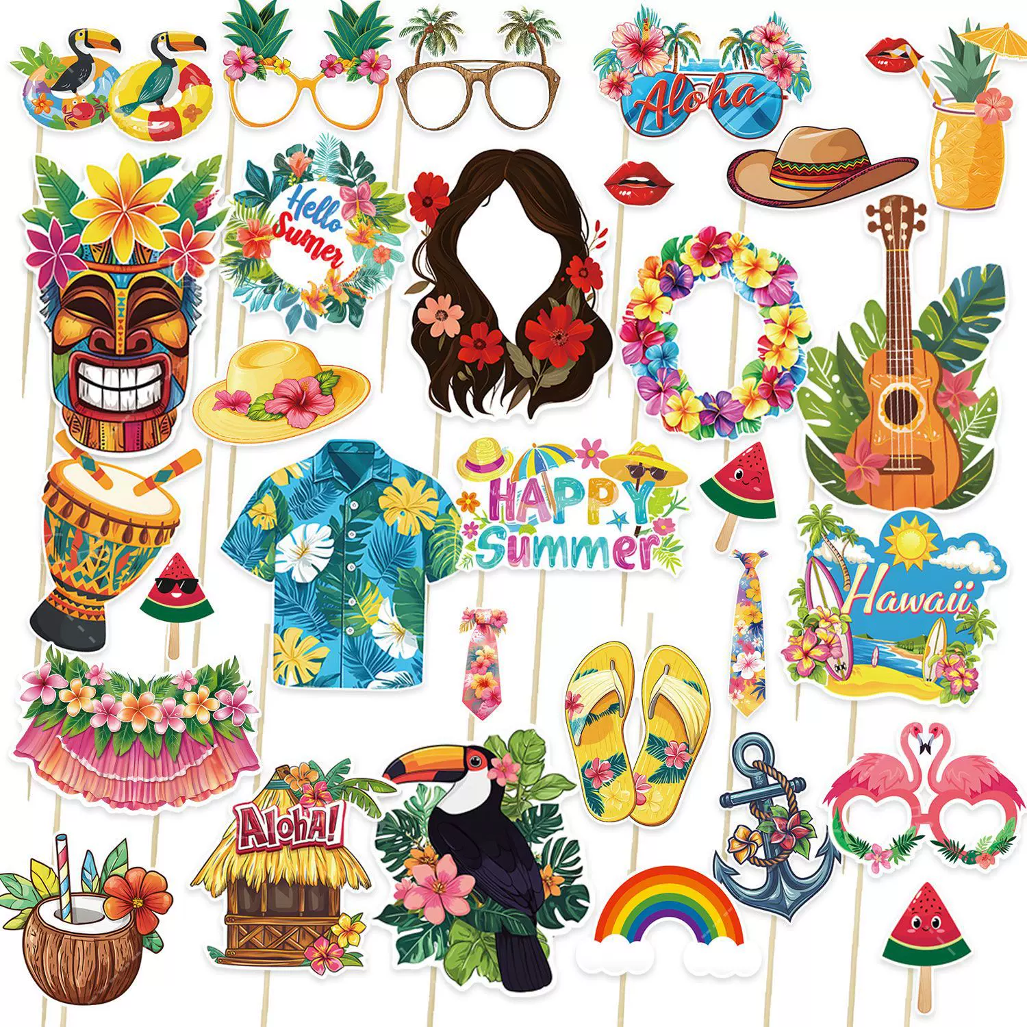 跨境新品夏威夷30个派对装饰拍照道具 现货夏天搞怪拍照亭派对用