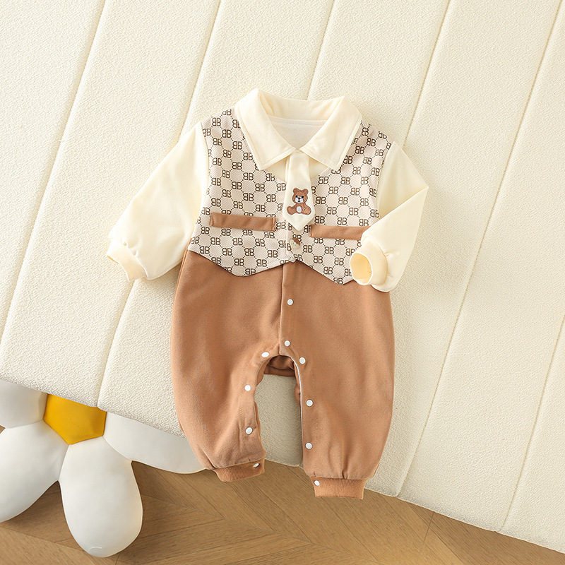 Ropa de estilo británico para bebés, ropa de primavera para bebés de un año, ropa de una pieza de primavera y otoño, traje falso de dos piezas, hermoso