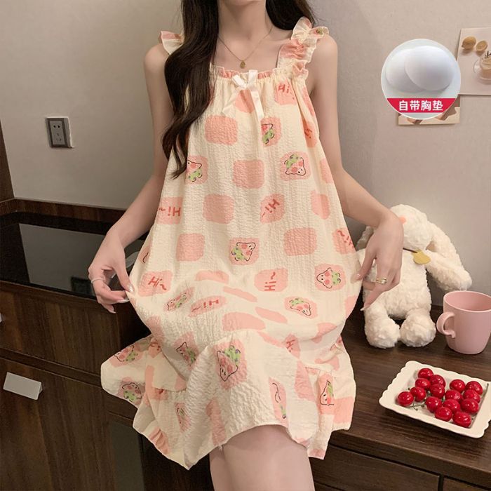Venta al por mayor transfronteriza nuevo estilo verano honda almohadilla para el pecho pijama mujer lindo dulce y cómodo paño arrugado burbuja camisón de longitud media