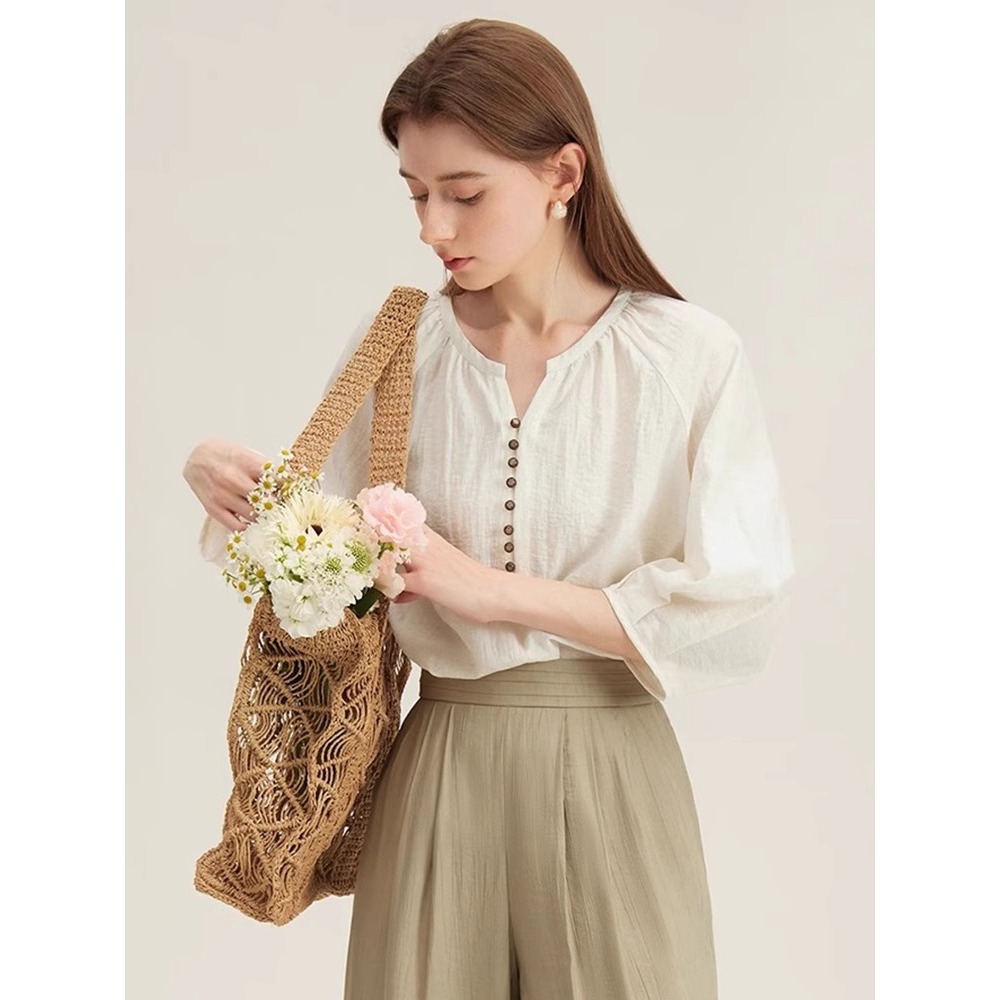 Áo sơ mi linen nữ tay lửng dáng rộng phong cách Pháp — Màu trắng nhạt
