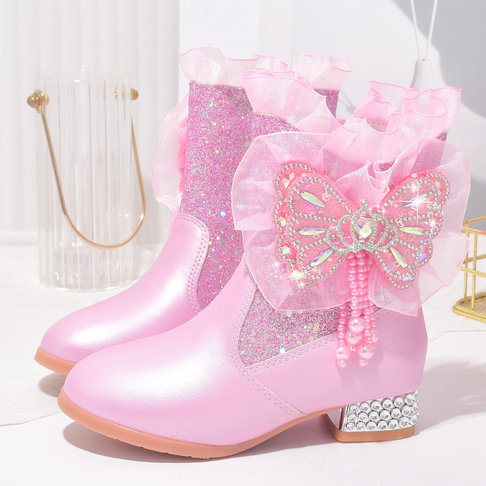 Aisha boots autumn and winter girls' high heels fleece-lined new children's short boots powder blue crystal boots warm cotton boots