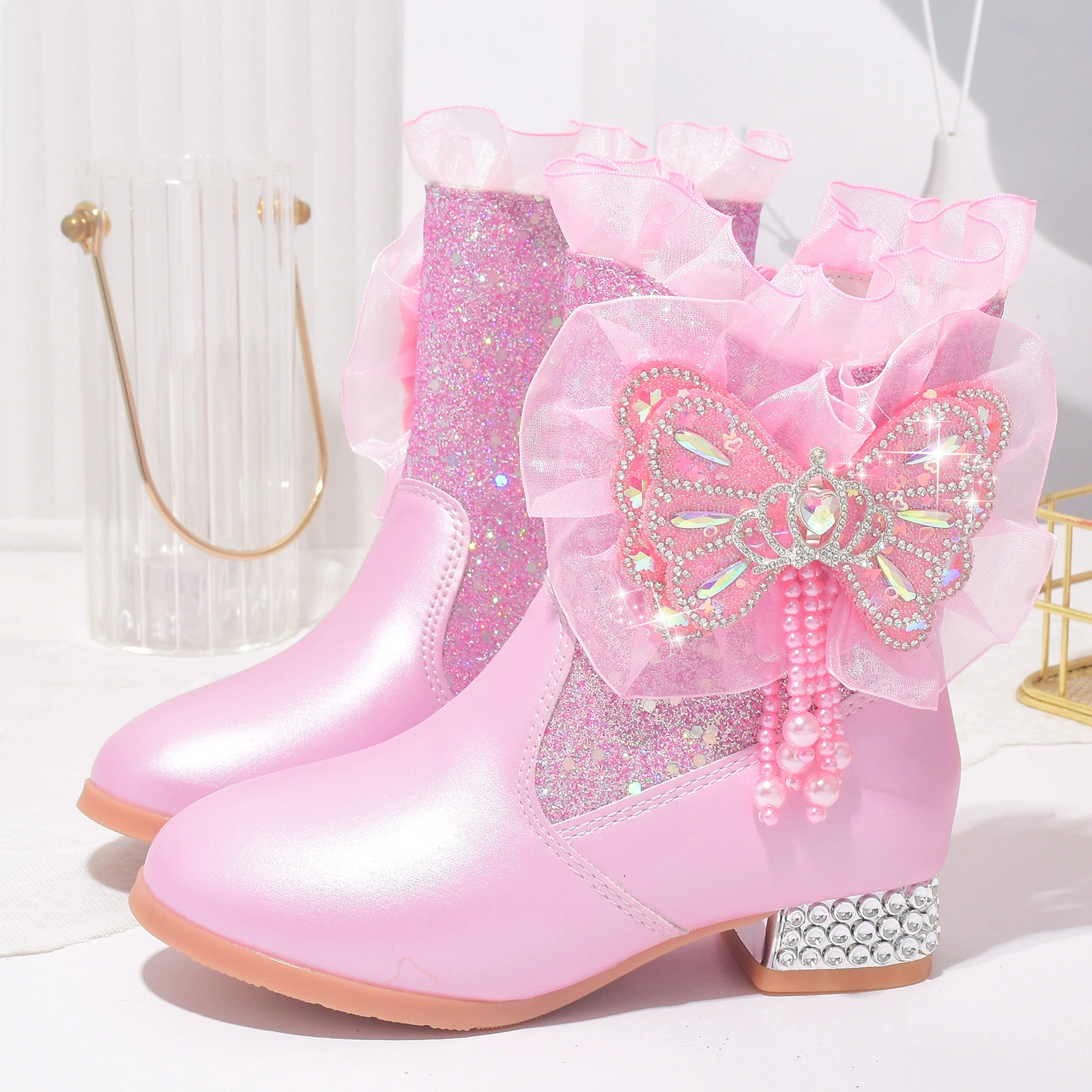 Aesa сапоги осенние и зимние девочки туфли на высоком каблуке плюс бархат новые детские короткие сапоги розовый синий хрустальный сапоги теплые хлопчатобумажные сапоги