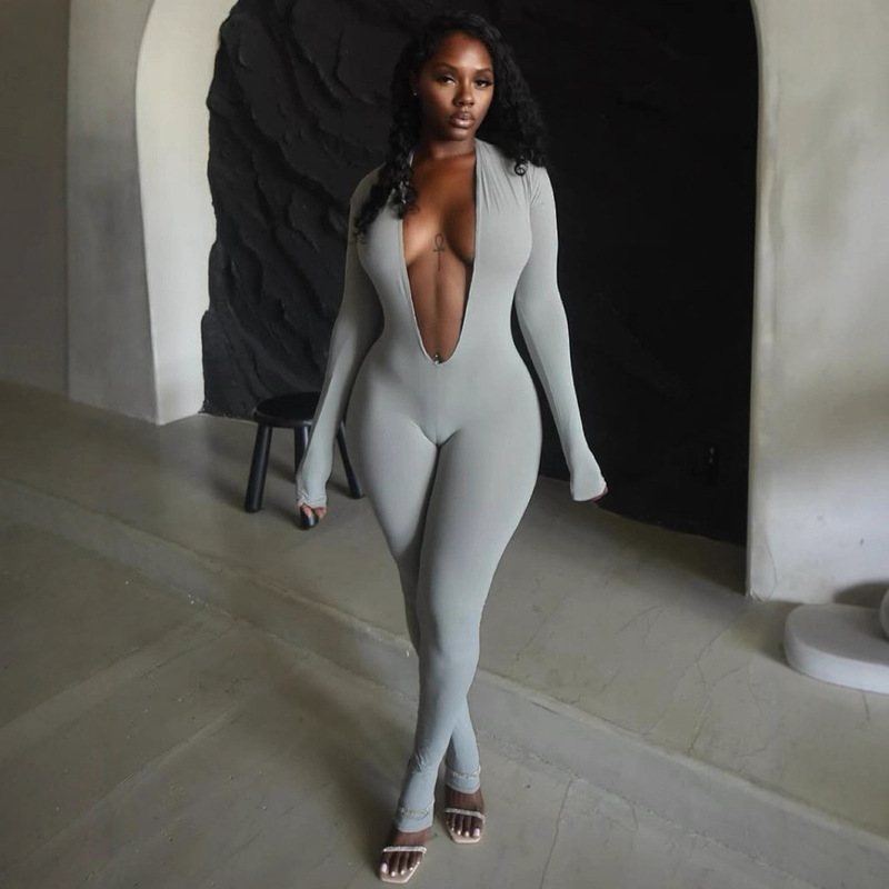 Cross-Border European and American 2025 New Fashion Sexy Hot Girl Tight-Fitting Butt-Lifting Long-Sleeve Solid Color One-Piece Pants Wholesale