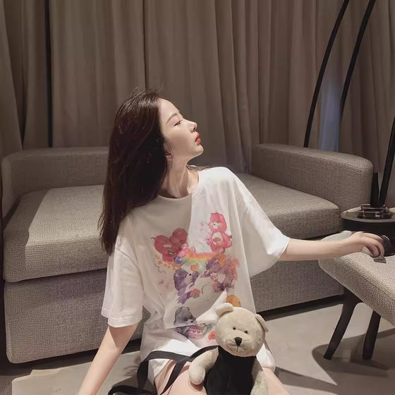 2022 new blue bear T-shirt short sleeves loose top Net red female ins ultra fire casual medium long T summer
