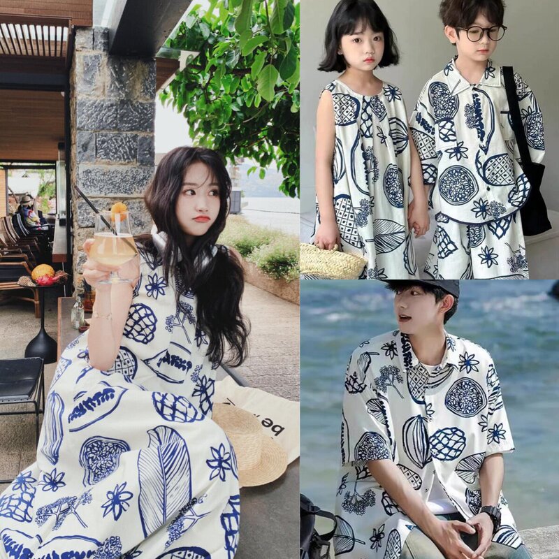 Elegant summer vacation family matching outfits: shirts for a family of three or four, baby, mother-child, mother-daughter, and beach dresses Elegant summer vacation family matching outfits: shirts for a family of three or four, baby, mother-child, mother-daughter, and beach dresses