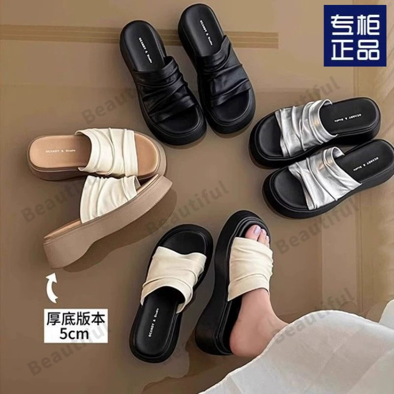 Женские летние сабо на толстой подошве с эффектом складок, новая модель 2025 года, с платформой и юбкой