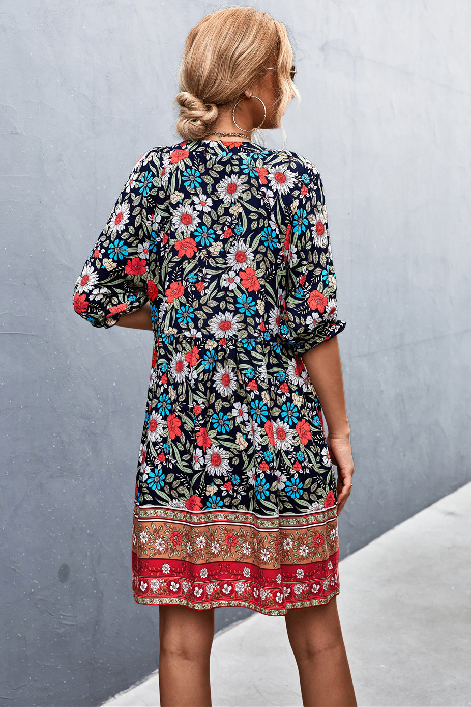 puff sleeve slim V-neck flower print dress NSLNZ132169