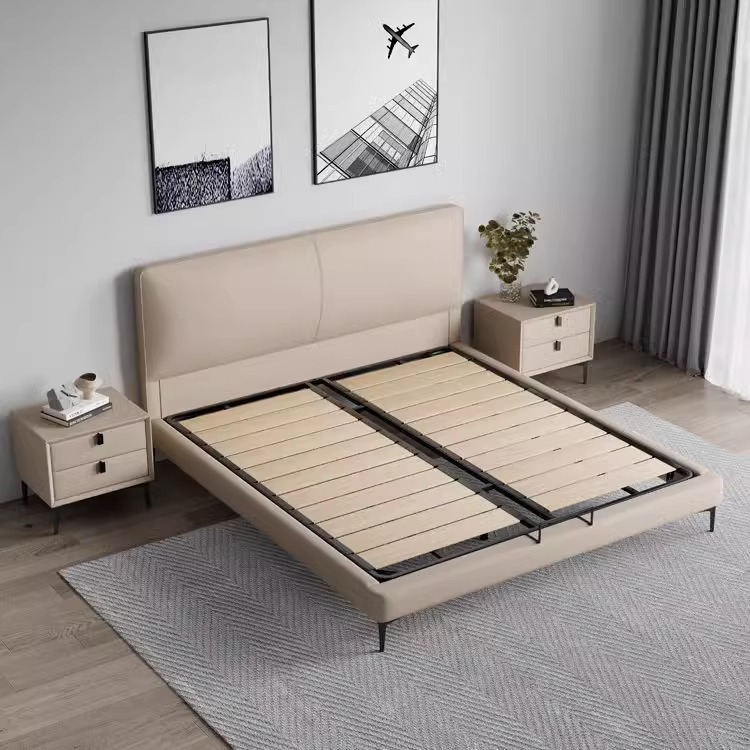 Cama de cuero de piel de vaca de primera capa de estilo italiano, apartamento pequeño moderno y simple, dormitorio de 1,8 metros, cama doble de lujo ligero, red roja image 5