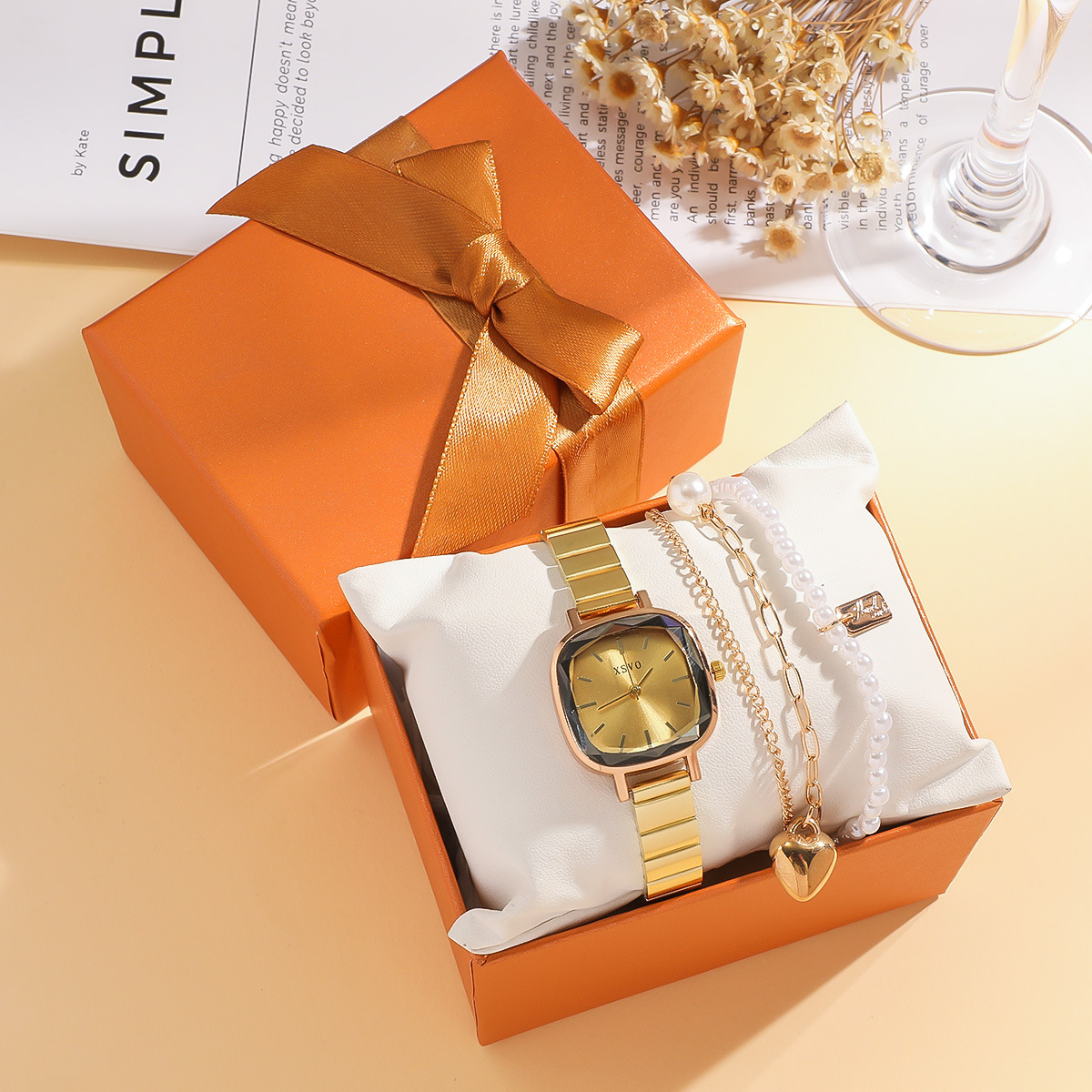 Love Pearl Bracelet Watch Set女士复古石英手表珍珠手链套装