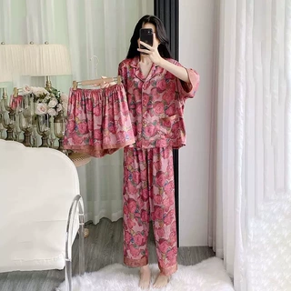 新中式国风防香云纱睡衣女柔光软丝家居服印花短袖三件套可外穿
