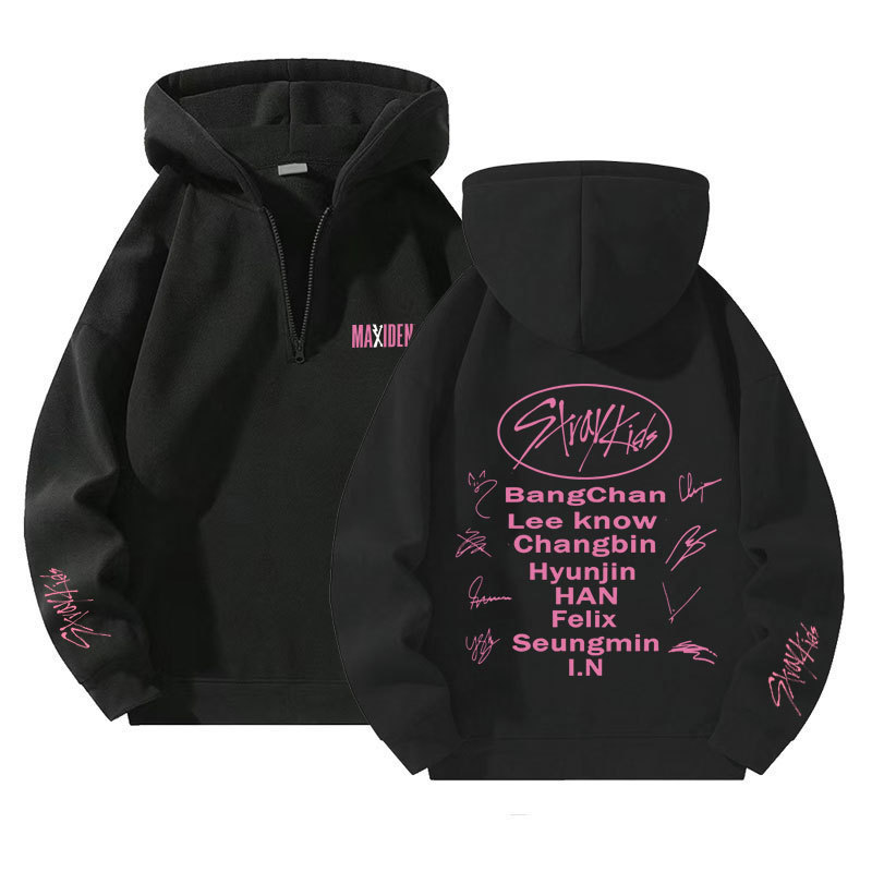 Stray Kids Letter X Printed Hoodie 1/4 Zip Fleece Sweatshirt