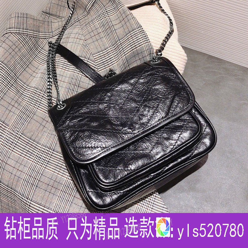 Original Leather Yangshulin Women's Bag Niki Bag Pleated Messenger Bag Medium Chain Hobo Bag Yjia