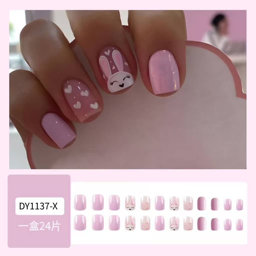Pascua transfronteriza venta de uñas cortas de color rosa, cuidado de las uñas, 24 piezas de parche de uñas falsas terminadas. image 3