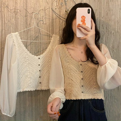 2021 square neck Exposed collarbone Thin section jacket Little Hollow have cash less than that is registered in the accounts Chiffon Mosaic puff sleeve shirt L302