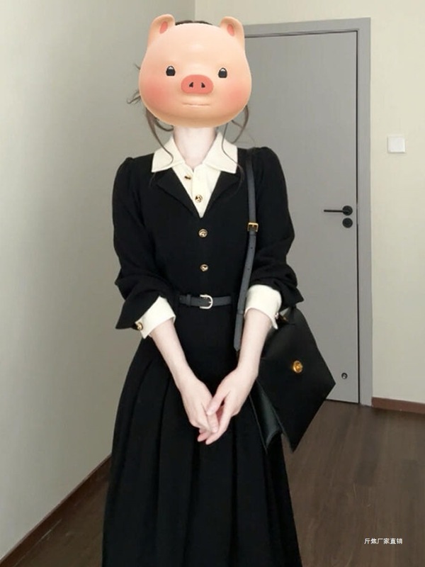 2025新款小香风黑色假两件连衣裙子女春秋季教资面试通勤气质长裙|undefined