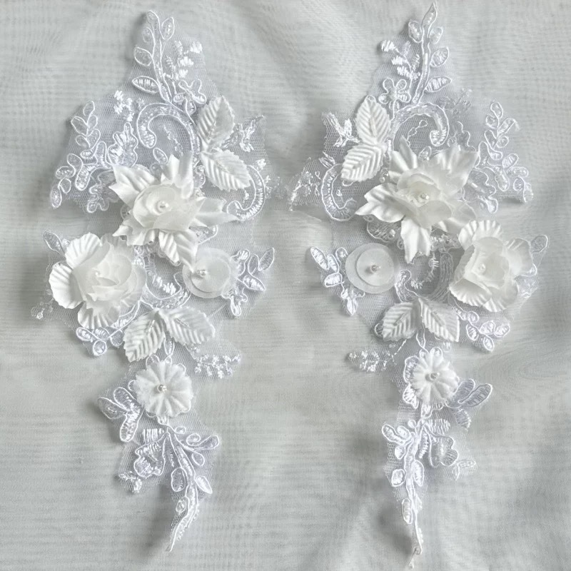 白色铜管钉珠立体花朵网纱刺绣布贴补丁股线蕾丝婚纱礼服装饰辅料