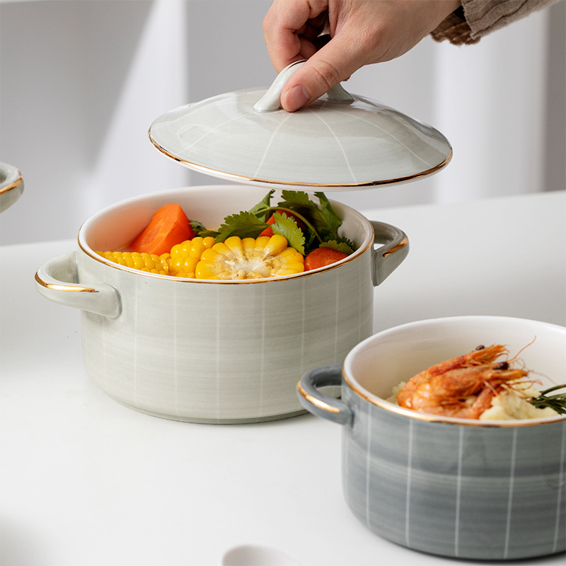 Tazón de sopa de doble oreja de cerámica con tapa tazón de ensalada de fideos instantáneos Luz de lujo personalizado hogar tazón grande nórdico borde dorado image 6
