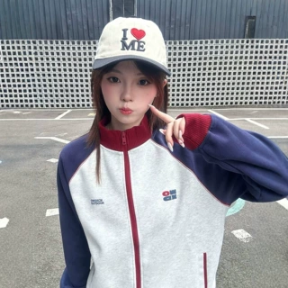 美式复古撞色插肩袖开衫立领卫衣女2026新款秋季宽松运动夹克外套
