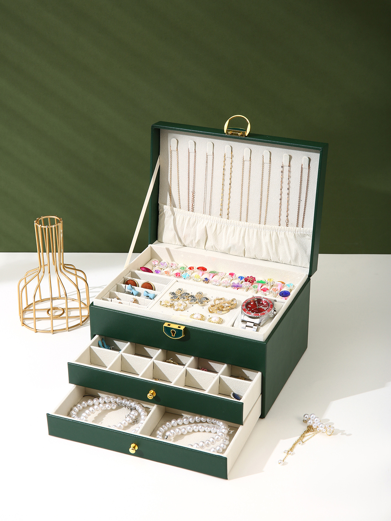 Caja de joyería de diamante de gran capacidad multifuncional, collar, anillo, caja de almacenamiento de joyas, caja de joyería anti-oxidación de tres capas