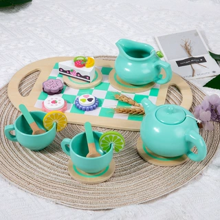 绿色茶具套装仿真木制过家家下午茶甜品玩具杯子茶壶宝宝模拟社交