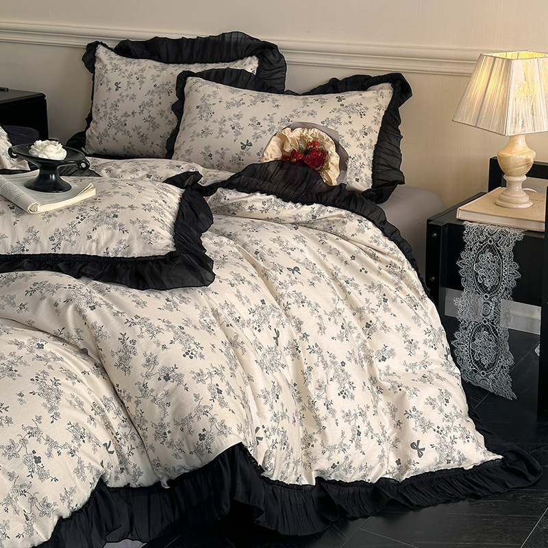 Conjunto de cama de quatro peças em algodão puro, estilo nórdico francês vintage boho boho, com capa de edredom e lençol em renda vintage, ideal para estudantes._voghion.com