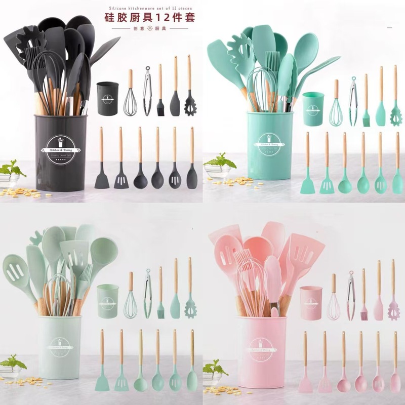 木製ハンドルのシリコン製キッチン用品12点セット、収納バケツ付き、シリコン製スパチュラ・スプーン、ノンスティック調理器具用キッチン用品セット、海外で人気商品|undefined