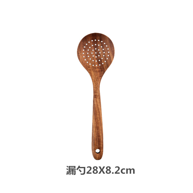 Juego de cocina de teca, cuchara de pala de madera maciza, tenedor, sartén antiadherente, utensilios de cocina de madera de acacia, espátula de mango largo, juego de cocina de 9 piezas