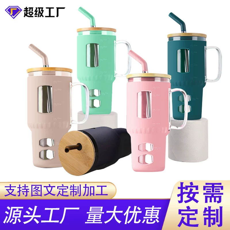 Трансграничная оптовая торговля 32oz Ice Ba Cup Автомобильный стеклянный стакан для воды с высокой стоимостью большой емкости с высокой боросиликоном с ручкой пивной кружка