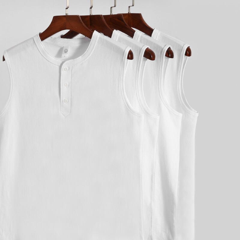 Men's Henley Neck Sleeveless T-Shirt, Pure Cotton, Slim Fit, Sports Vest, Summer Henley Shirt, Breathable
