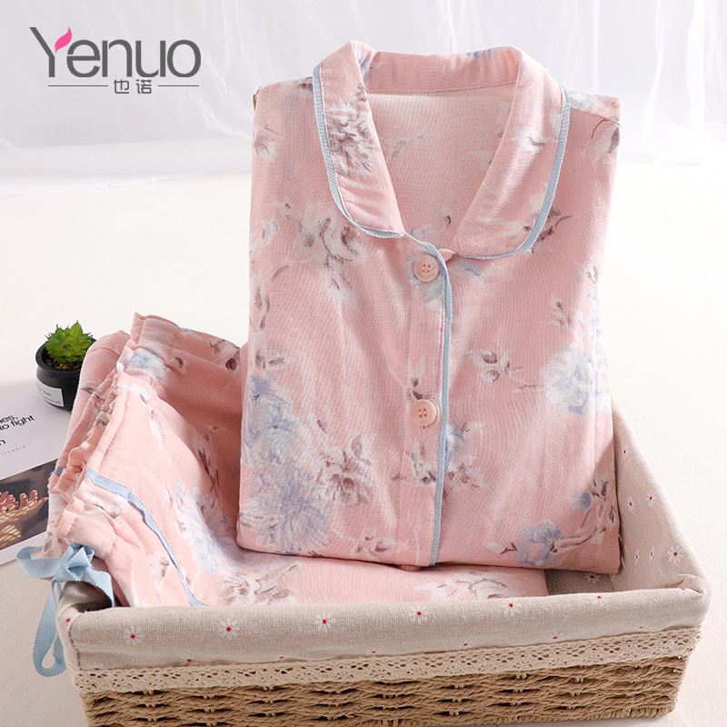 月子服春夏新款純棉雙層紗布薄款孕婦睡衣産後哺乳外出喂奶套裝