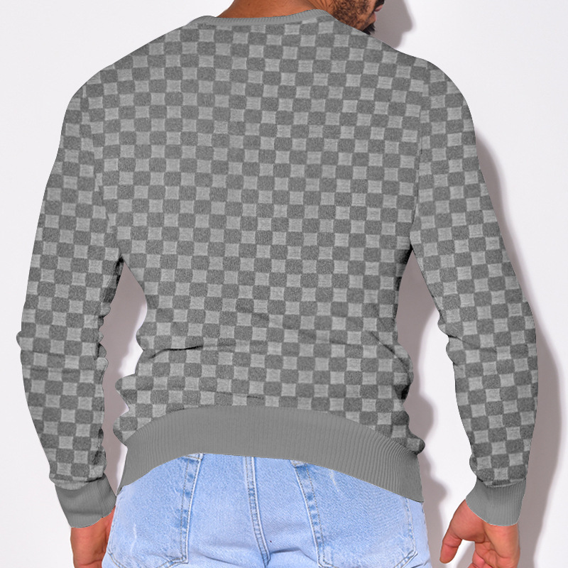 2024 Men's Spring and autumn  men's knitted shirt with jacquard chessboard plaid round neck casual bottom long sleeved top_voghion.com