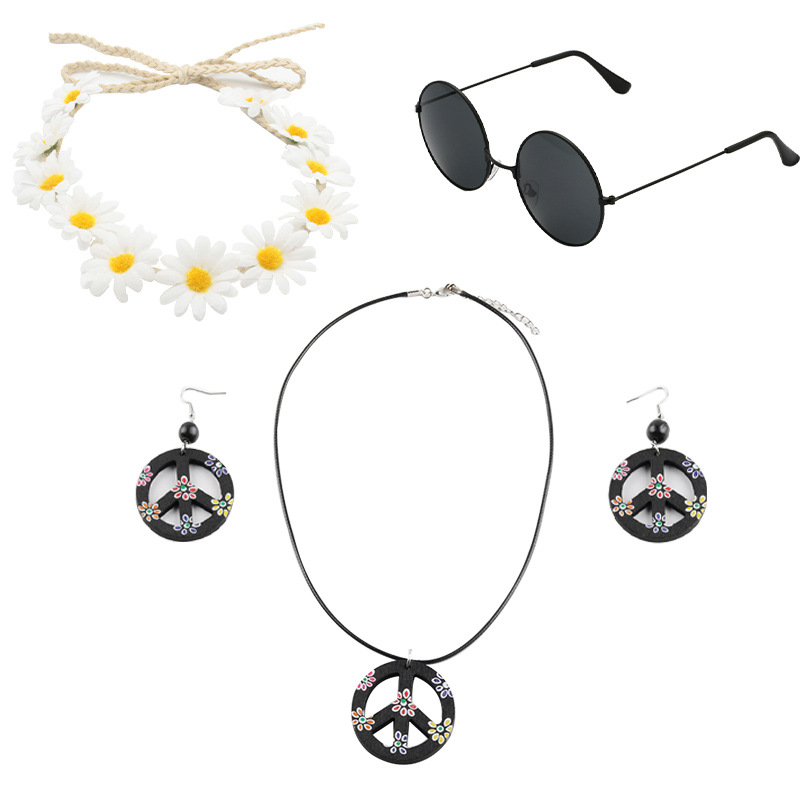 Accesorios de vestir hippies de la década de 1960, diadema de girasol, gafas redondas, conjunto de aretes de collar de talismán de paz