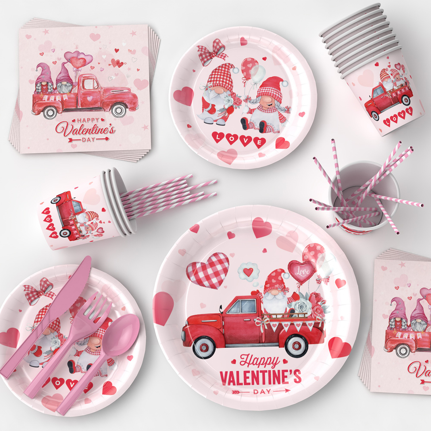 Transfronterizo Día de San Valentín Rosa coche tema Fiesta decoración suministros plato de papel desechable taza de papel decoración traje