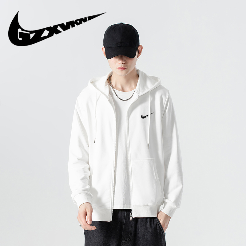 Men's Sweatshirt Spring and Autumn Zip-Up Cardigan Loose Fit Fleece-Lined Pocket Jacket Solid Color Hoodie for Young Men