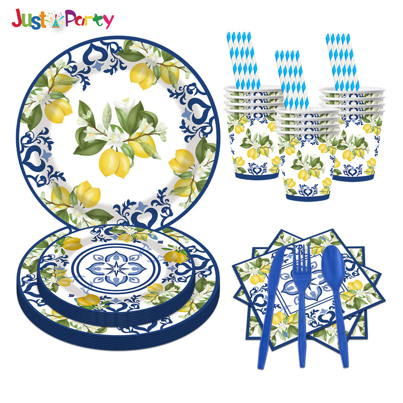 Blue and White Porcelain Lemon Fruit Birthday Party Tableware Disposable Paper Cup Paper Plate Paper Towel Knife, Fork and Spoon Layout Props