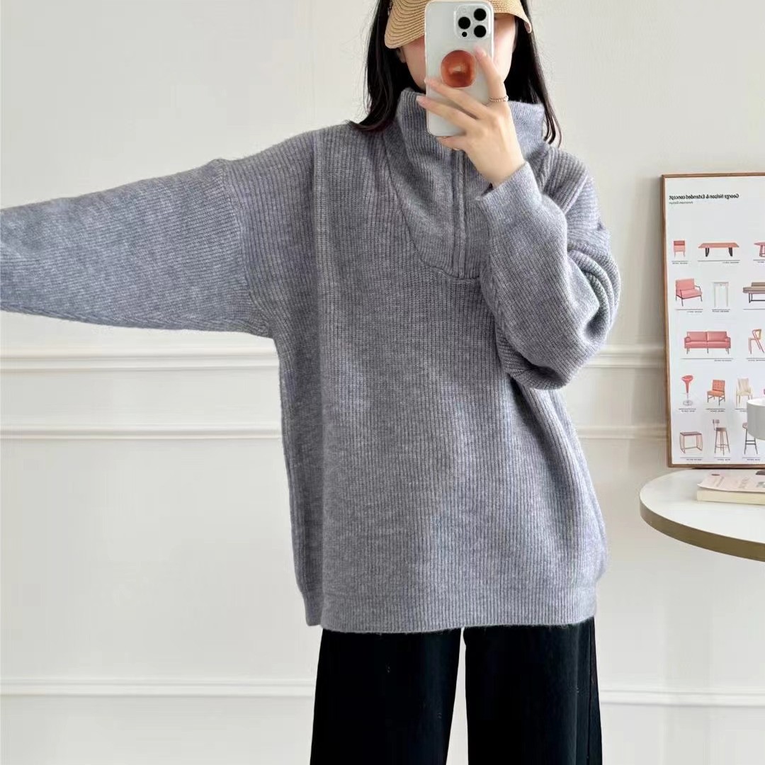 秋冬韩版半拉链宽松翻领毛衣女2024新款慵懒套头学院风大码针织衫