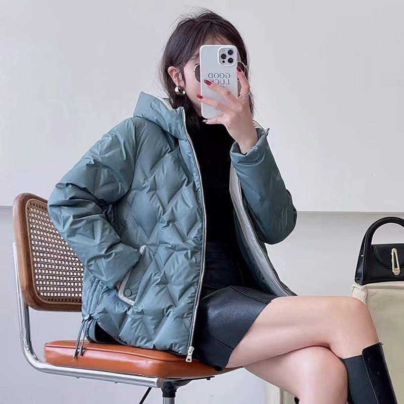 跨境秋冬新款羽绒服女短款保暖白鸭绒菱格时尚连帽韩版休闲外套潮|undefined