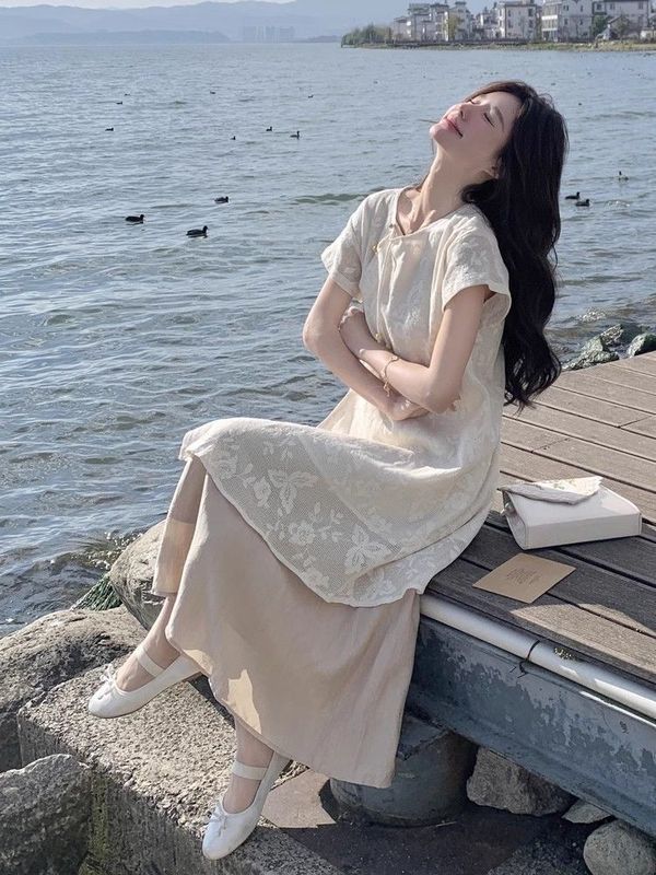 新中式国风禅意叠穿连衣裙套装女夏刺绣蕾丝罩衫半身裙两件套一件|undefined