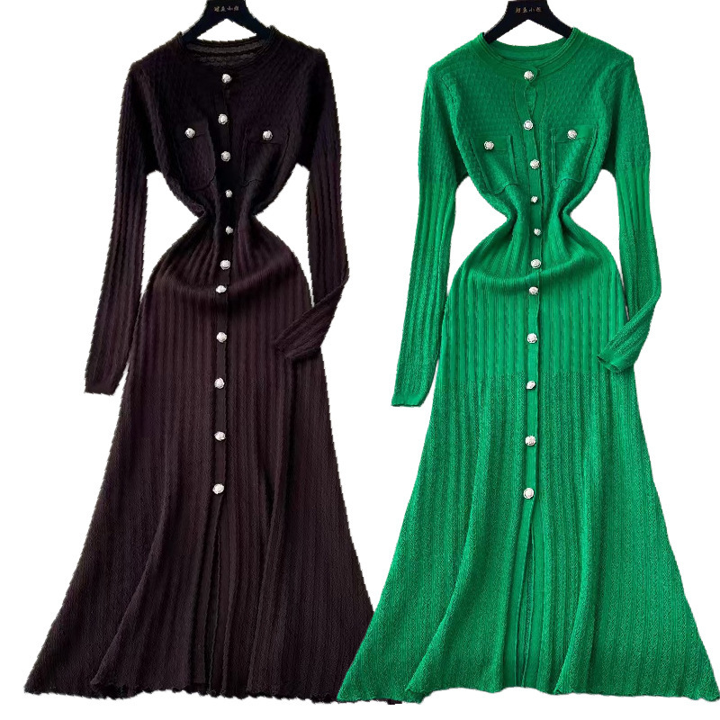 Cross-Border French-Style Metal Buckle Round Neck Waist-Cinching Long-Sleeve Dress 2025 Elegant Hollow-Out Knit Long Dress