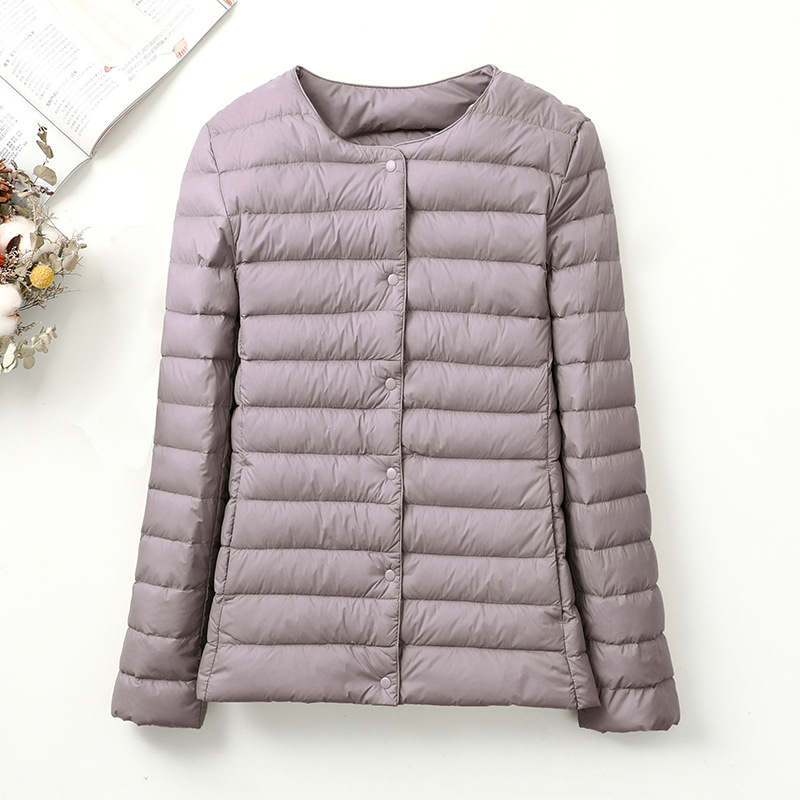 Chaqueta de plumón ligera transfronteriza para hombres y mujeres de otoño y invierno, chaqueta de abrigo caliente sin cuello, revestimiento de plumón ligero inferior se puede abrir