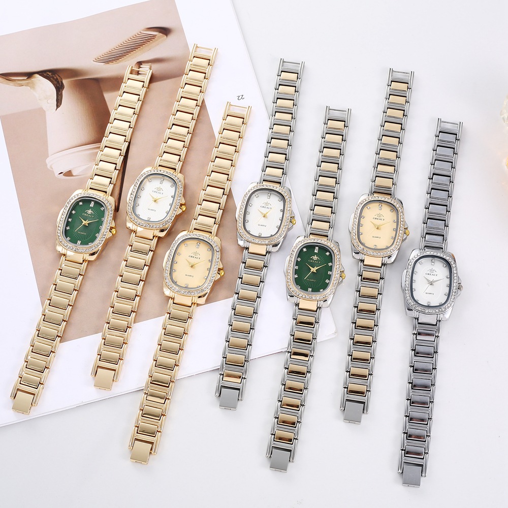 Cross-border nuevo rhinestone reloj de lujo de las mujeres multicolor Oval dial de moda temperamento medio dial reloj de las mujeres