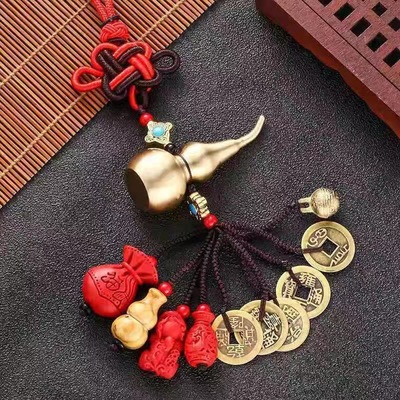 十全十美汽车挂件铜葫芦中国结五帝钱朱砂福禄桃木汽车后视镜挂件